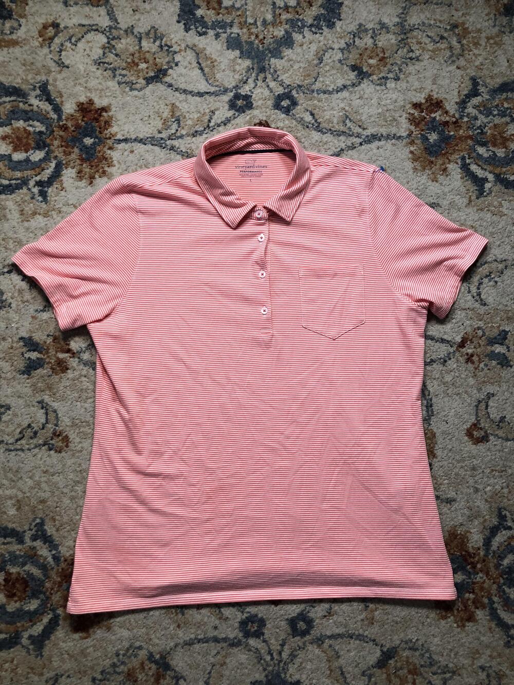 Vineyard Vines Polo Shirt Mens Large Pink White Striped Performance Golf Pocket